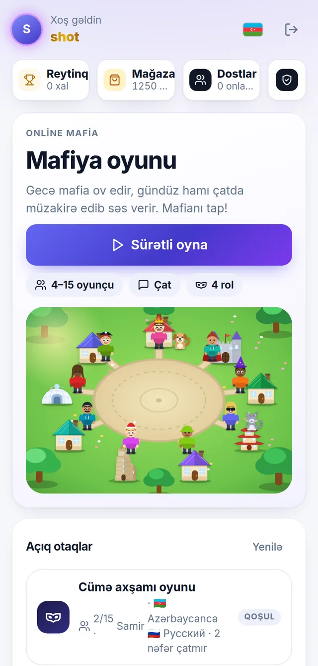 Mafiya oyununun ana səhifəsi: sürətli oyna və açıq otaqlar