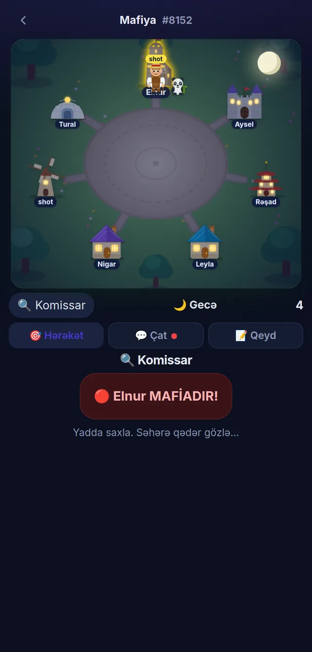 Mafiya oyununda gecə: komissar yoxlamaq istədiyi oyunçunu seçir